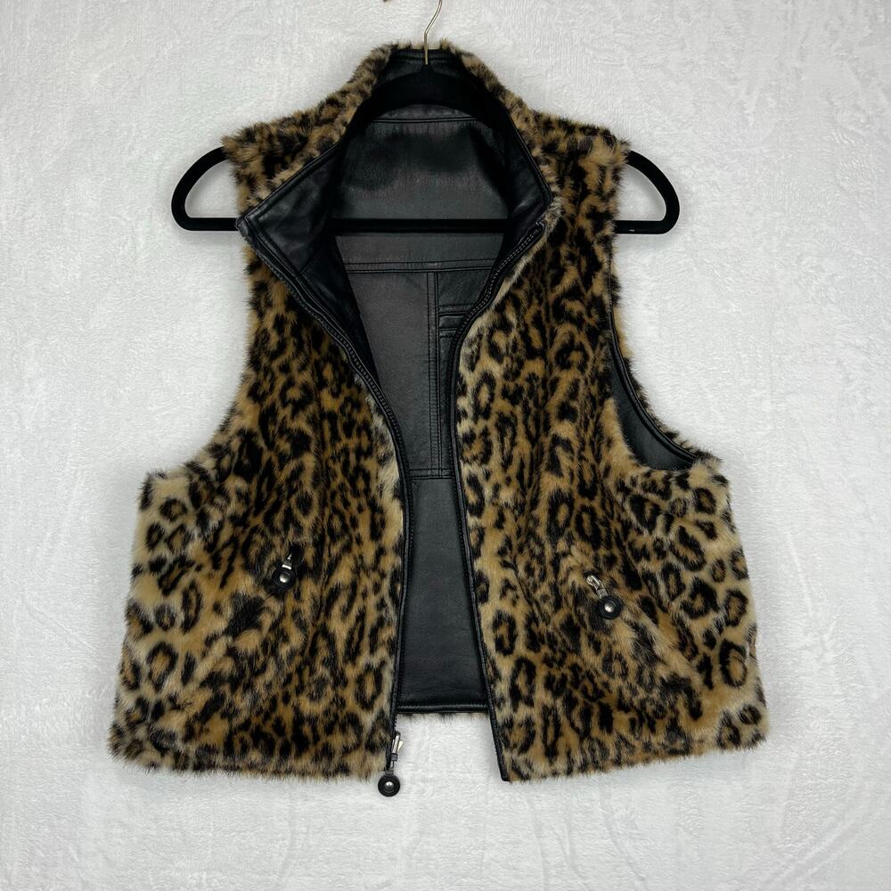 Jamie Sadock Black Leather and Leopard Faux Fur Reversible Zip up Vest Medium - Picture 4 of 16